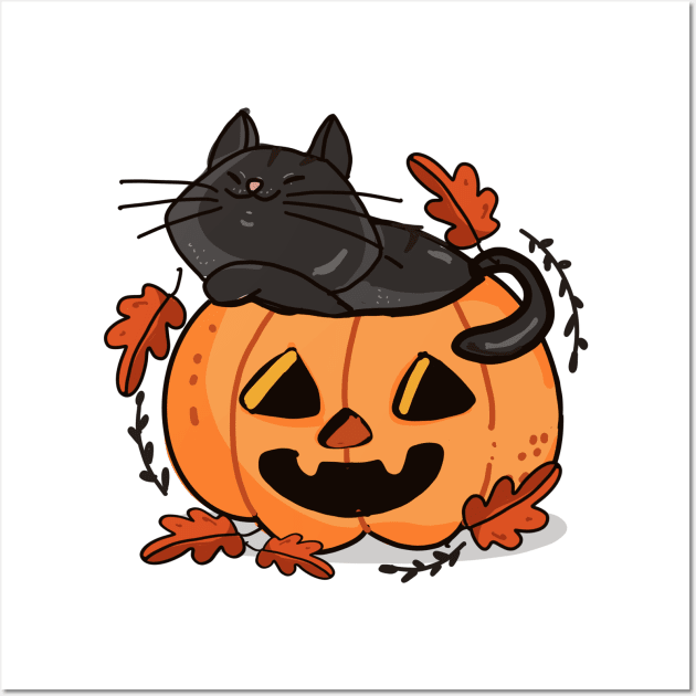 Kawaii Cat inside Halloween Pumpkin Wall Art by Mitalim